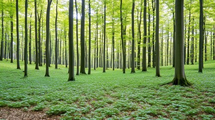 Obraz premium Tranquil Forest Landscape With Green Canopy