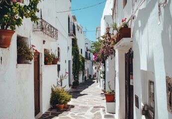 Fototapeta premium A narrow cobblestone street lined with whitewashed buildings and potted plants in a sunny, Mediterranean town.