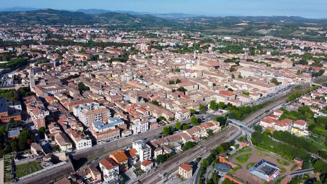 Aerial view of Fano city center. Slow movement backward