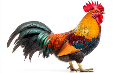 Fototapeta premium Close-up Profile View of a Colorful Rooster on White Background