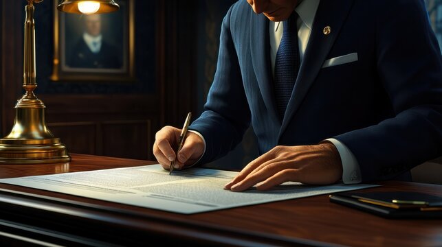 A businessman in a navy blue suit signs an official document at a wooden desk. - Powered by Adobe
