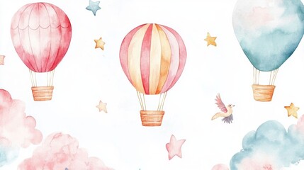 Cute baby shower decorations featuring hot air balloons, clouds, and stars. Perfect for announcements, birthday parties, or newborn celebrations.Watercolor designs for printing, posters, and patterns.
