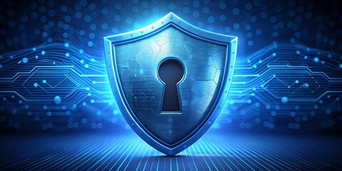 Fototapeta premium Cyber Security Shield with Keyhole, 3D Rendering, Blue Abstract Background, Digital Security, Cyber Protection, Data Encryption