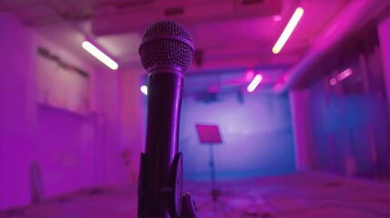 Obraz premium Close-up of microphone on stand in soundproof recording studio, positioned in front of script stand, symbolizing voice acting and audio production.