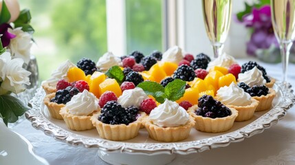 A delightful fruit tart platter with a variety of flavors such as mixed berry, lemon, and mango