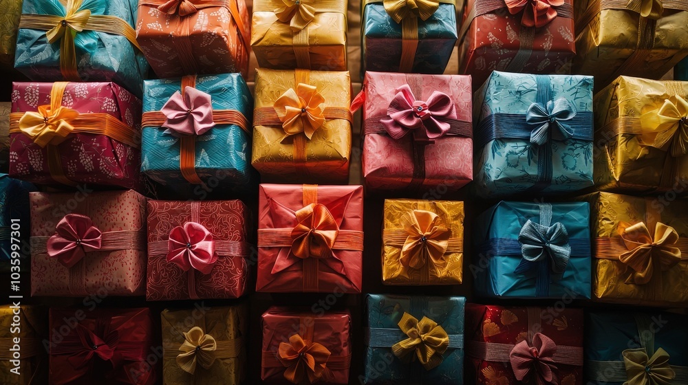 Poster an assortment of beautifully wrapped gifts in vibrant colors, neatly arranged with bows, creating a 