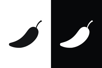 Spicy chili hot silhouette icon illustration on white and black background.	