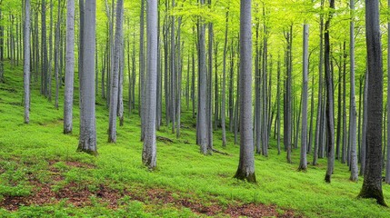 Obraz premium Green Forest Landscape with Sunlight Filtering Through Tree Trunks