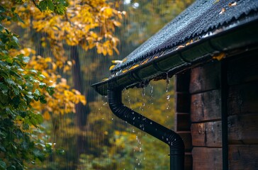 Close-up of rainwater dripping from a black metal gutter downspout attached to a wooden house, highlighting outdoor drainage during wet weather