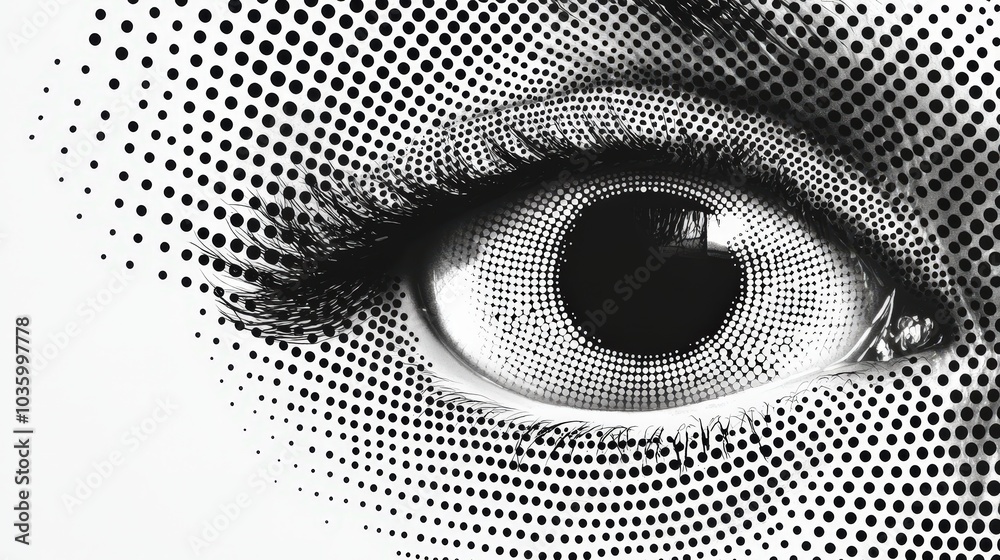 Poster An eye showcases a unique design featuring detailed dot patterns that create depth and texture, set against a clean white background for striking contrast
