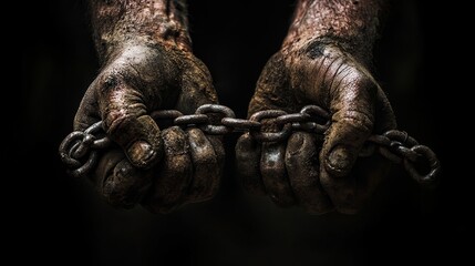 Fototapeta premium Dirty, calloused hands holding heavy chains, a powerful visual symbolizing hard work, servitude, and the weight of responsibility.