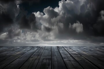 Wooden floor and blue sky with white clouds. 3d rendering
