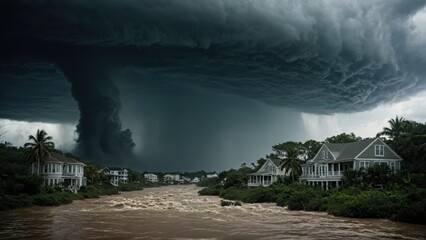 Fototapeta premium Massive tornado approaches coastal homes, threatening destruction of buildings by extreme weather
