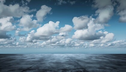 Obraz premium Wooden floor and blue sky with white clouds. 3d rendering