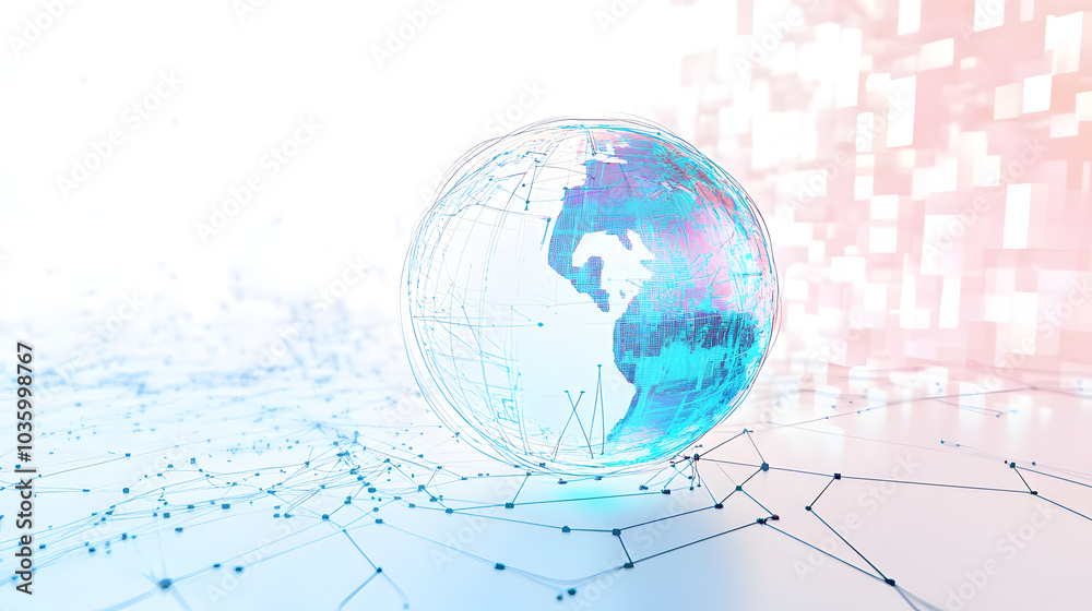 Poster a stylized digital globe with network lines on a white background with abstract square patterns, rep