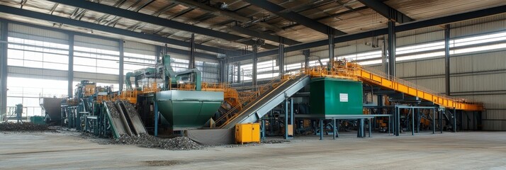 Innovative Waste Recycling Machinery Sorting Process: A large industrial facility showcasing the sorting of recyclable materials with conveyor belts and machinery.