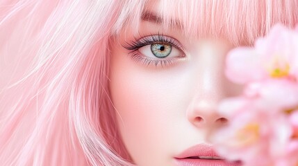 Naklejka premium Pastel pink-haired woman with captivating blue eyes and soft floral accents, AI