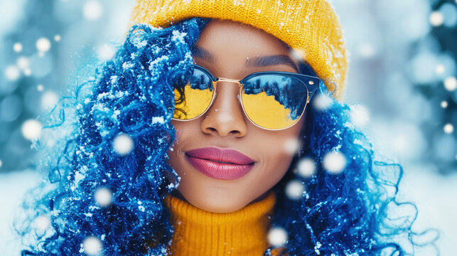 Happy Black woman with curly blue hair in yellow cap celebrating Christmas and New Year in a snowy setting