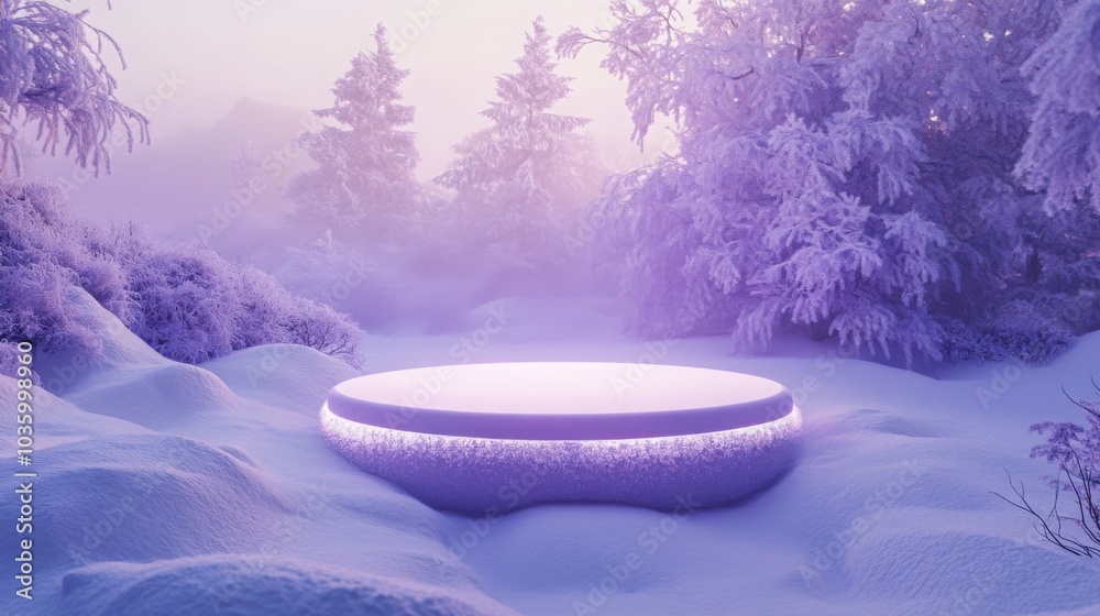 Fototapete a mysterious glowing platform rests in a tranquil, snow-laden forest during twilight. surrounding ev