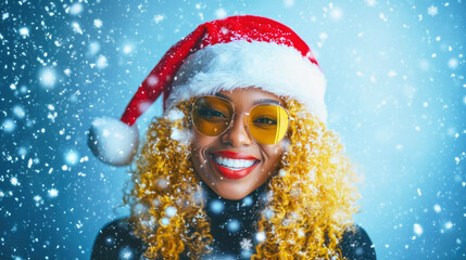 Joyful Black woman with curly yellow hair in Santa hat celebrates Christmas with snowflakes in a festive background