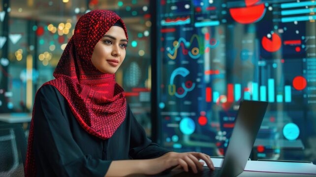 Businesswoman in hijab analyzing data on laptop in modern office for financial growth, World Hijab Day