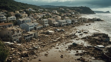 Fototapeta premium Devastated coastal town with debris and cars scattered after a massive storm