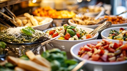 A delightful pasta salad bar with choices like caprese, pesto chicken, and Mediterranean veggie