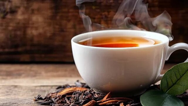 White hot cup of tea, dried tea leaves, a piece of lemon and ginger lie nearby, on a wooden background, copy space. banner