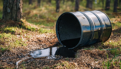 Metal barrel in woods, spilling black toxic liquid. Hazardous waste. Environmental pollution problem