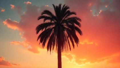 Silhouette of a palm tree against a stunning sunset with vibrant clouds and warm colors
