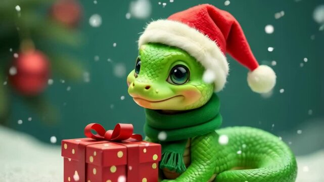 A cute snake wearing a bright red Santa hat and a green scarf slithers around near colorful Christmas presents, creating a charming and festive holiday scene full of warmth and cheer. High quality