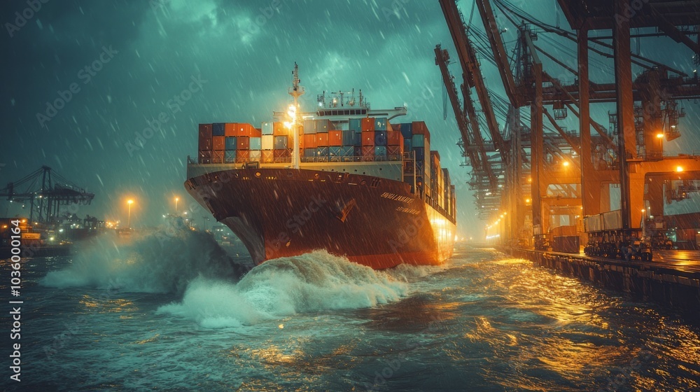 Poster a large container ship is navigating through turbulent waters in a harbor at night, with rain fallin
