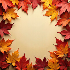 Fototapeta premium Vibrant autumn leaves arranged in frame on beige background with copy space