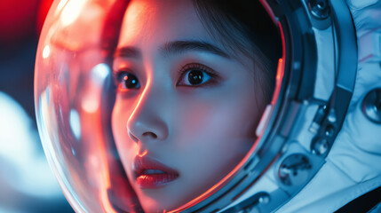 female astronaut with resolute expression gazes through her helmet, illuminated by vibrant red and blue lights. close up captures her determination and focus