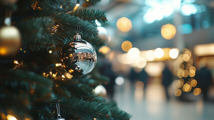Close up of a Christmas tree with silver and golden ornaments in a modern shopping mall