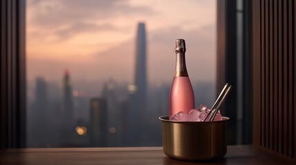  Bottle Champagne, Spoons Cup, Cityscape Backdrop