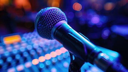 Close-up of microphone on stand in soundproof recording studio, positioned in front of script stand, symbolizing voice acting and audio production.
