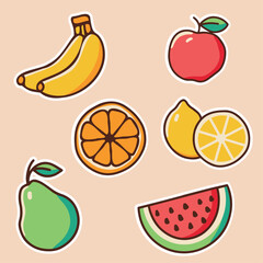 a picture of fruits including banana, apple, lemon, pear and orange
