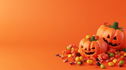 A Halloween scene with two pumpkins and a lot of candy