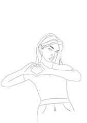 illustration d'une jeune fille qui fait un coeur avec c'est main, dessin ligne 