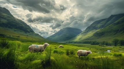 Fototapeta premium Highland landscape with green valleys, grazing sheep, and dramatic skies