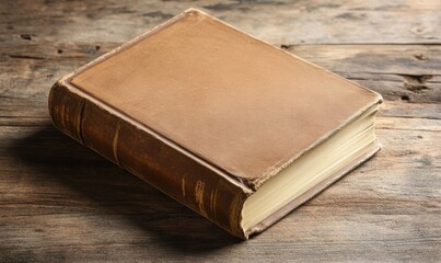 A closed book sitting on top of a wooden table, often used as a symbol of knowledge and learning