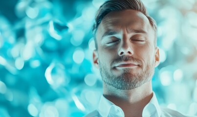 A concept of relaxing visuals, calming rhythms, emotional balance for business, close up view of adult caucasian businessman on abstract background