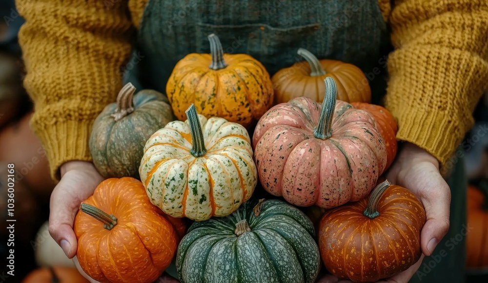 Aufkleber A person showcases an array of vibrant pumpkins of different shapes and colors collected at an autumn farmers market