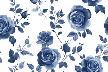 Watercolor Blue Roses and Greenery Seamless Pattern