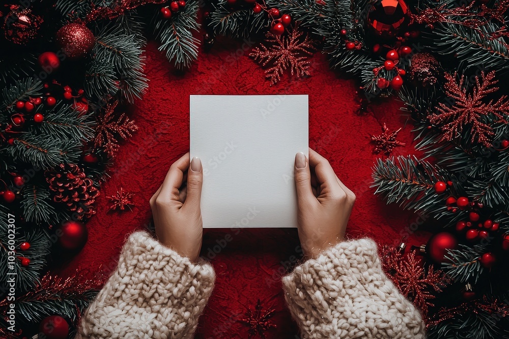Poster Hands in a knitted sweater hold a blank card amidst lush greenery and red ornaments, creating a warm holiday atmosphere perfect for sending greetings