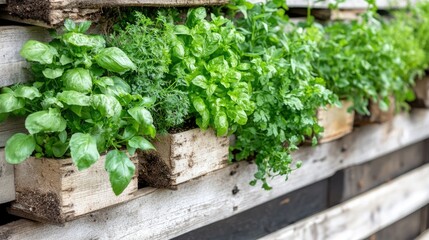Fototapeta premium Fresh Herbs in Wooden Planters on Vertical Garden Wall