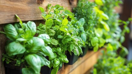 Fresh Herbs Growing in Vertical Garden Planters