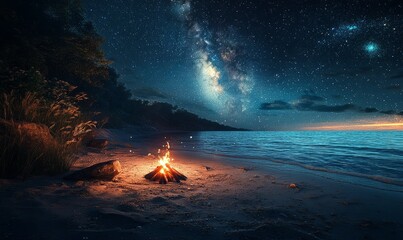 A serene beach at night with a glowing campfire under a starlit sky, perfect for a peaceful and relaxing getaway