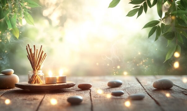 A serene background featuring joss sticks, candlelight, stones, fresh leaves on wood, ideal for meditation, yoga, and well-being activities with copy space image available.